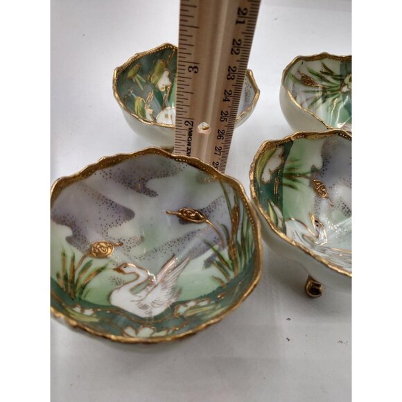 Set Of 4 Vintage Nippon Hand-Painted Swan-Themed Footed Bowls With Gold Trim - Picture 4 of 7